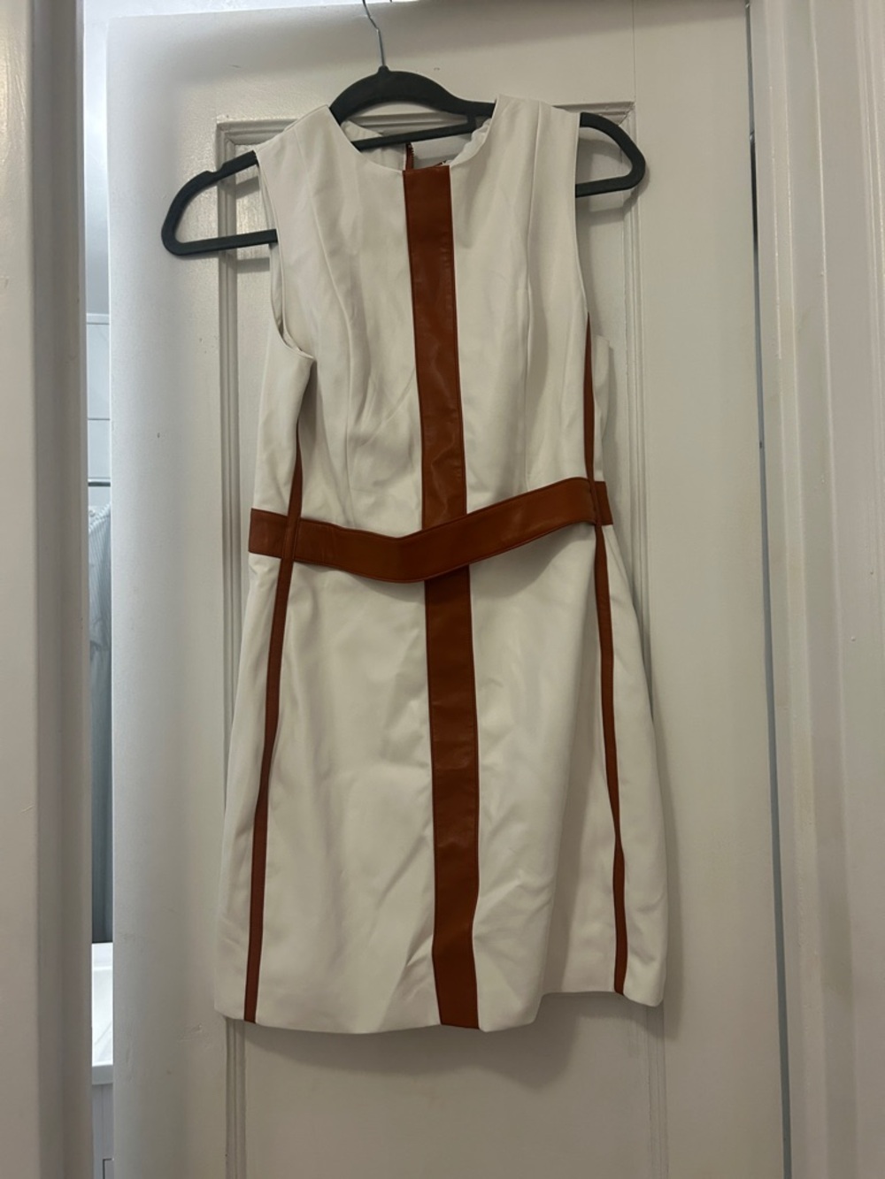 White and Brown Belted Sheath Dress